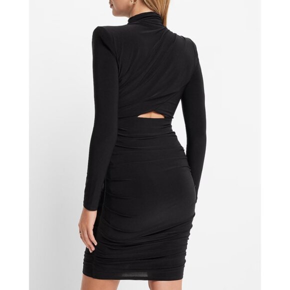 Express Ruched Mock Neck Strong Shoulder Back Cutout Mini Dress XS - Picture 3 of 5